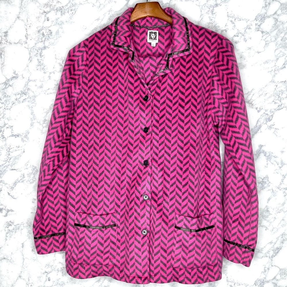 Anne Klein Sleep Lounge Fleece Set Pink Gray Herringbone Print Women’s Large - Picture 2 of 12